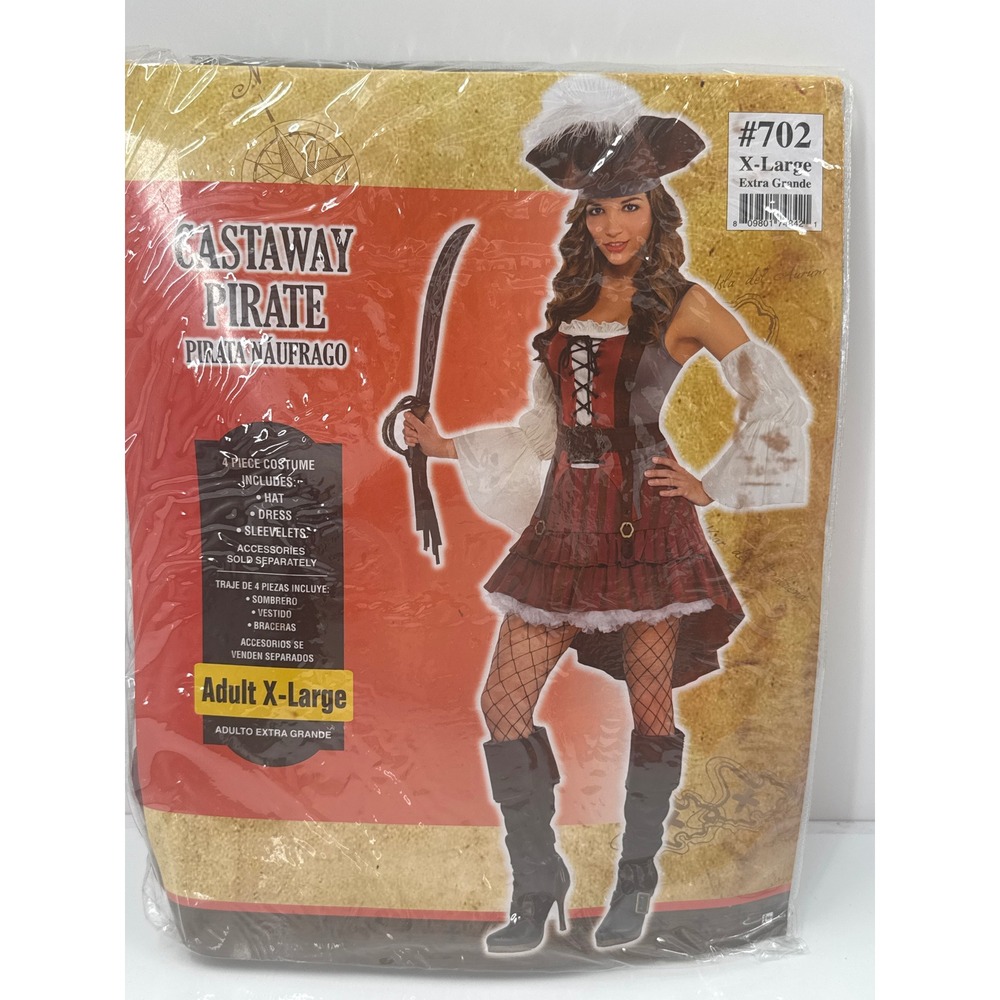Castaway Pirate Costume Adult XL 4 Piece Set Dress Hat Sleevelets 702 NEW